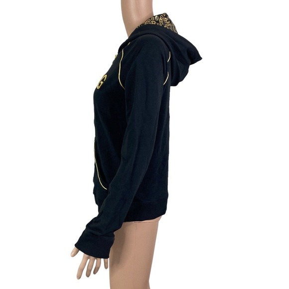 BCBGMaxazria Sweat Jacket Womens Large Black Gold Embroidered Spellout Full Zip - Picture 8 of 11